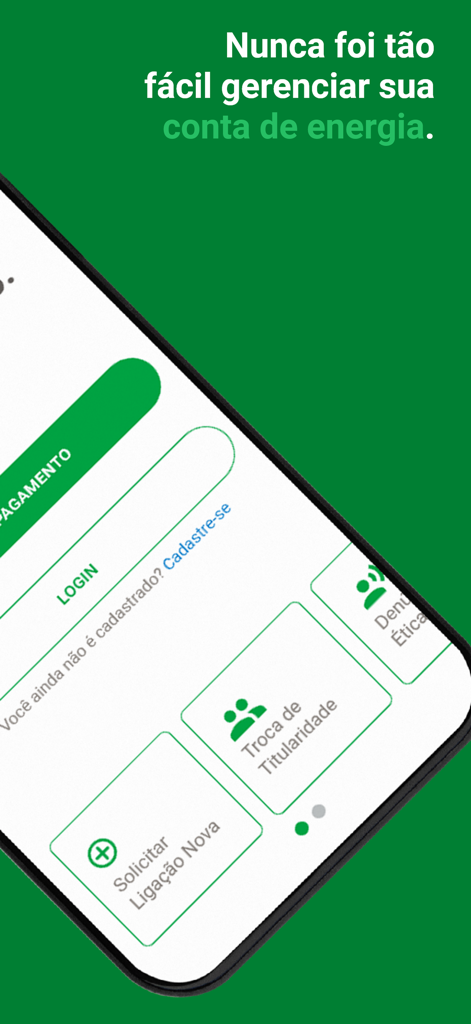 Interface de l'application Neoenergia SA montrant les options de connexion et de service énergétique