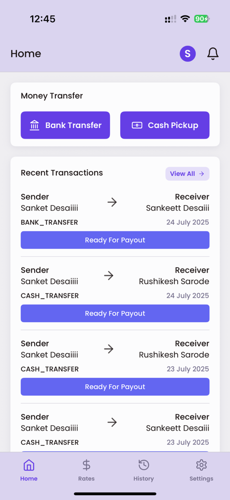 Home screen of the Yonna Global app showing money transfer options and recent transaction history.