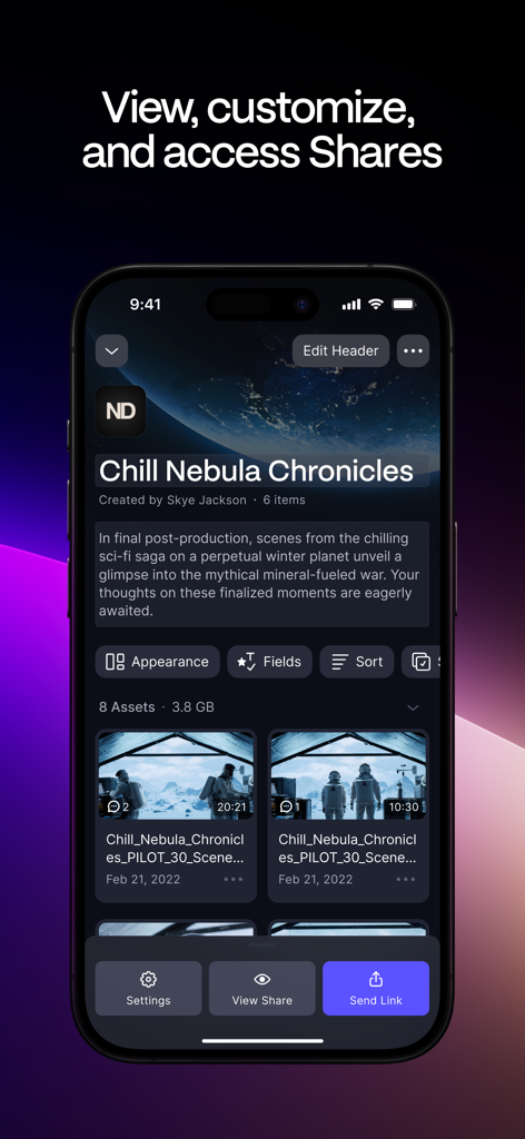 Frame.io app interface showing a video project overview with asset thumbnails and share link options