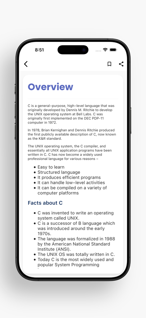Learn C Programming - Guide - Pantalla de resumen de la aplicación Guía de Programación C que muestra el historial y los hechos clave del lenguaje.