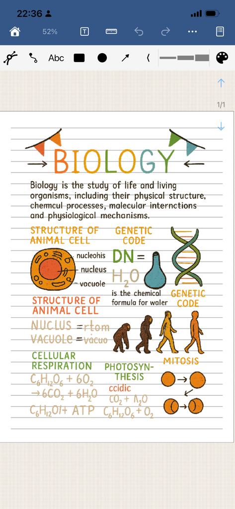 Notas de estudo de biologia digital com diagramas coloridos de células e DNA no aplicativo Paintwork
