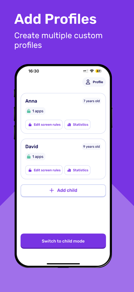 Interfaccia dell'app Suzy che mostra come creare e gestire profili bambino personalizzati multipli.