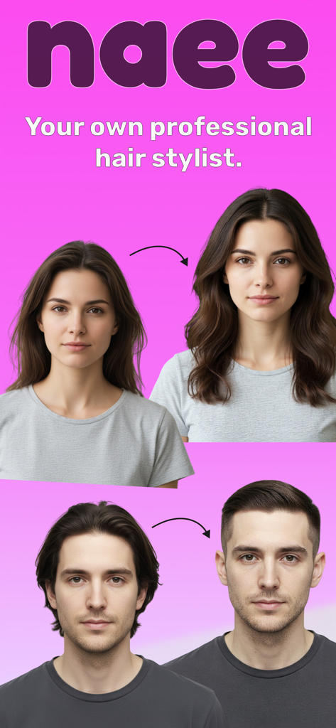 Before and after hairstyle transformations for a woman and a man using the Naee AI app