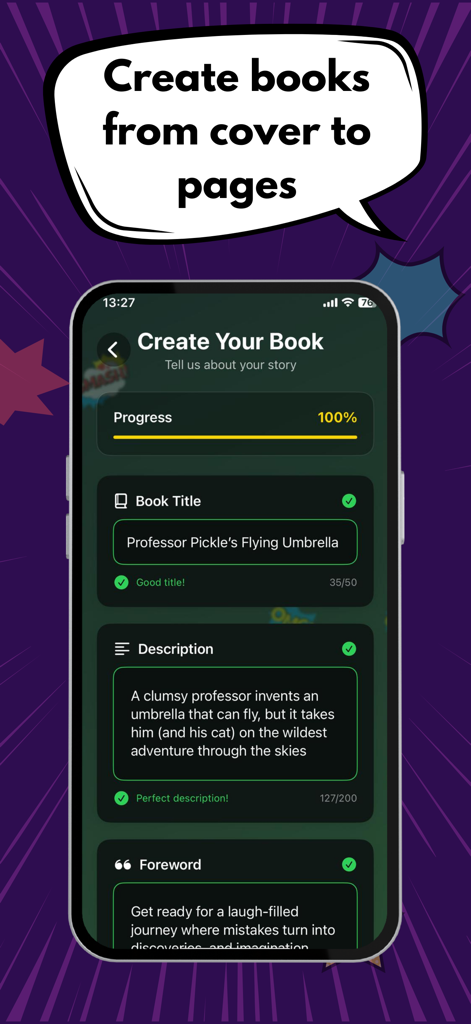 Comic Book Maker - iCartoon - Interface of iCartoon app showing the setup screen for a new comic book including title and description fields