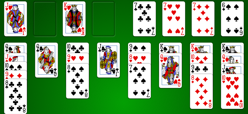 Odesys FreeCell Solitaire - Partida de FreeCell Solitario de Odesys en orientación horizontal con las cartas dispuestas sobre una mesa verde.