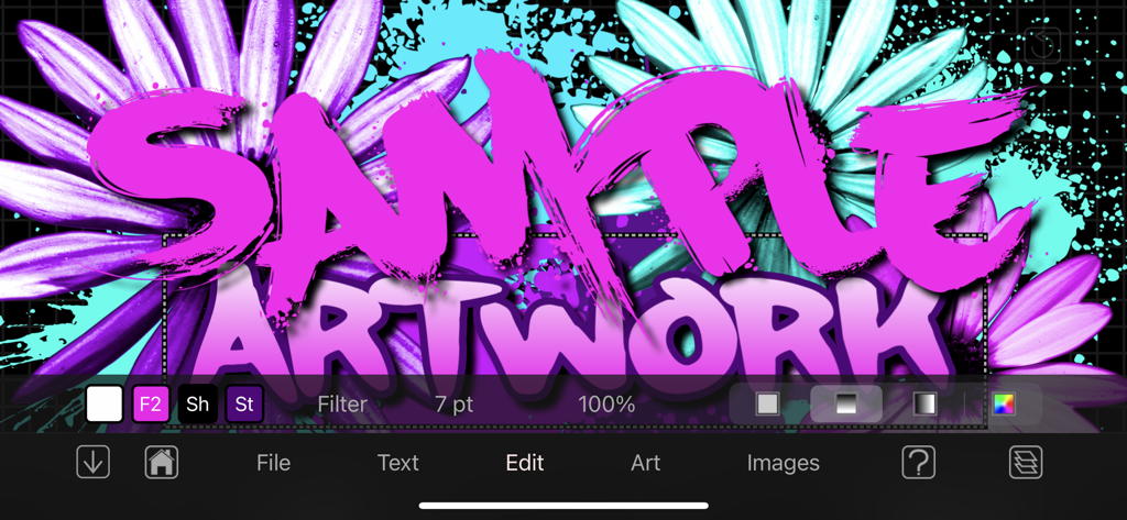 Graffiti Fonts - Graffwriter - Graffwriter app interface showing purple graffiti text and floral design layers with editing tools