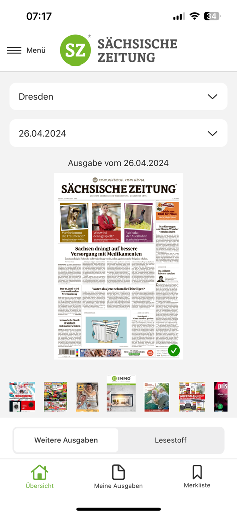 Die Hauptoberfläche der SZ E-Paper App, die eine digitale Zeitungsseite anzeigt