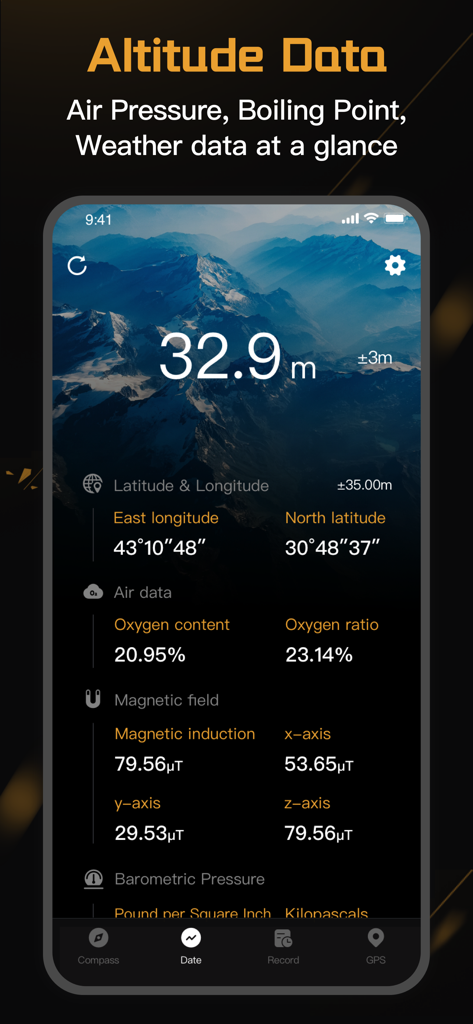 Une interface d'application de navigation professionnelle montrant l'altitude en temps réel, les coordonnées GPS et les données atmosphériques