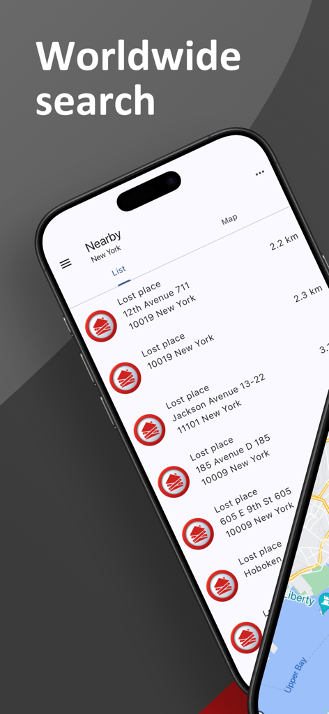 Lost places nearby - Screenshot of the Lost places nearby app showing a list of abandoned locations in New York with distance information