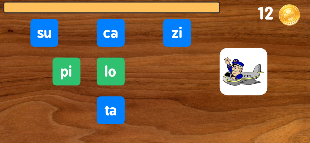 Scrivere con le sillabe Pro - Gameplay screen of Scrivere con le sillabe Pro showing syllables to form the Italian word for pilot with an airplane illustration