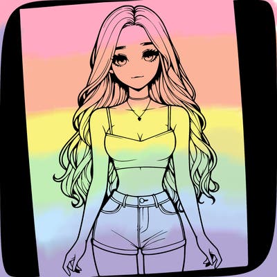 a realistic girl with long hair and in a crop top and shprts