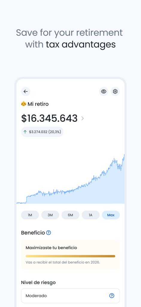 Fintual: Invierte y ahorra - Fintual App-Oberfläche zeigt das Wachstum der Altersvorsorge und ein Anlageziel mit moderatem Risiko