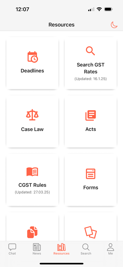 Tableau de bord des ressources de l'application GST Press montrant des catégories de lois fiscales comme les délais, les taux et les lois.
