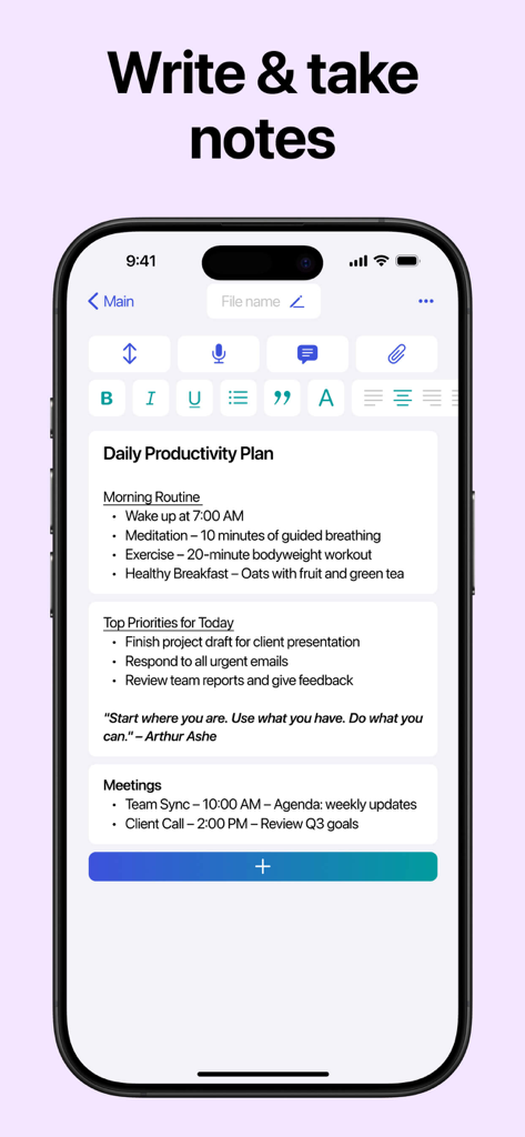 A daily productivity plan interface in the Notebook note-taking app on an iPhone.