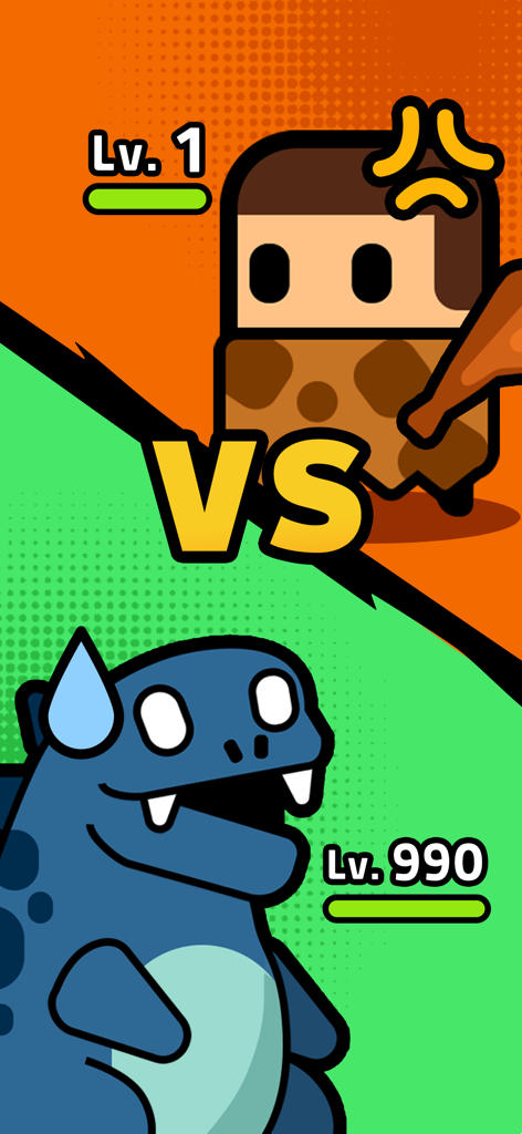 Time War : Origin - A level 1 caveman character facing a level 990 blue dinosaur in a Time War Origin battle screen