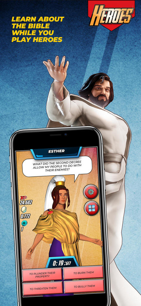 A mobile screenshot of the Bible Trivia Game Heroes showing a quiz question about Queen Esther.