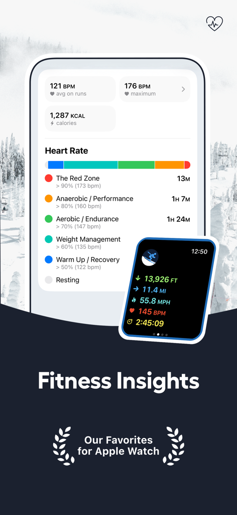 Slopes: Ski & Snowboard - Slopes app fitness insights dashboard showing heart rate zones and live stats on an Apple Watch.