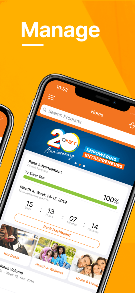 QNET Mobile WP - Pantalla de inicio de la aplicación QNET Mobile WP que muestra el progreso del avance de rango y las categorías de gestión empresarial