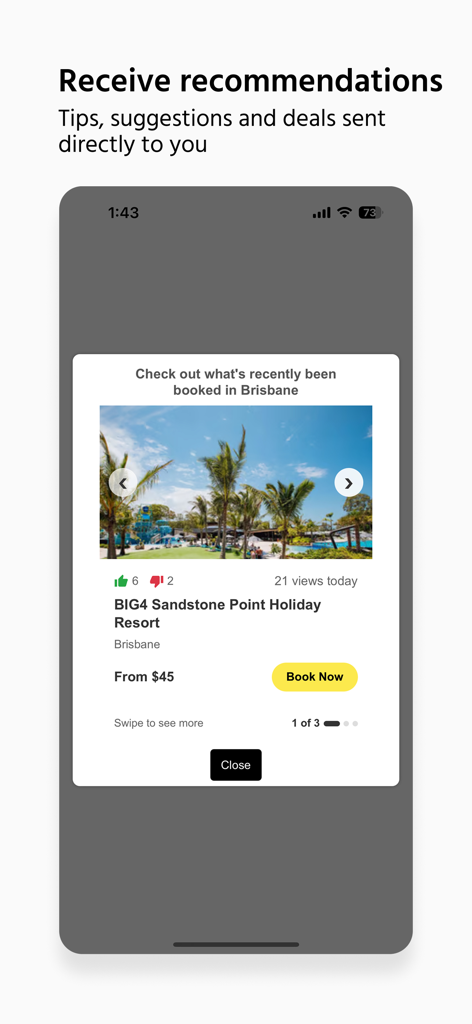 CamperMate Australia & NZ - CamperMateアプリのスクリーンショット。オーストラリア、ブリスベンのホリデーリゾートのパーソナライズされた旅行のおすすめを表示しています。