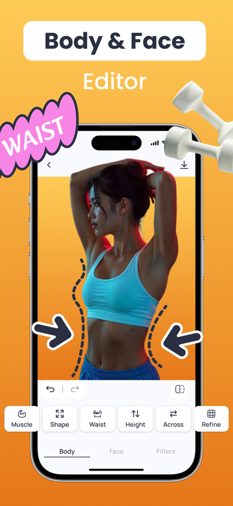 Photo Edit, Body & Face Editor - Una interfaz de aplicación móvil que demuestra herramientas de remodelación de cintura y edición corporal en una foto de una mujer con equipo de fitness.