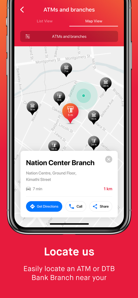 DTB 24/7 - Une carte interactive intégrée à l'application DTB 24-7 affiche l'emplacement des agences bancaires et des distributeurs automatiques de billets à proximité.
