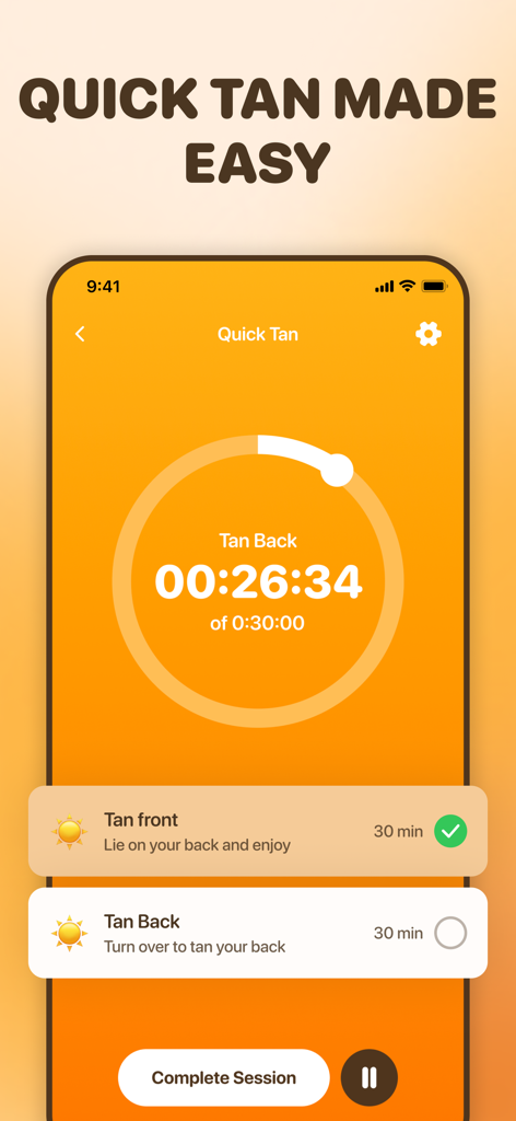 SPF: Tanning & UV Index App - SPF app Quick Tan timer interface showing progress for a tanning session
