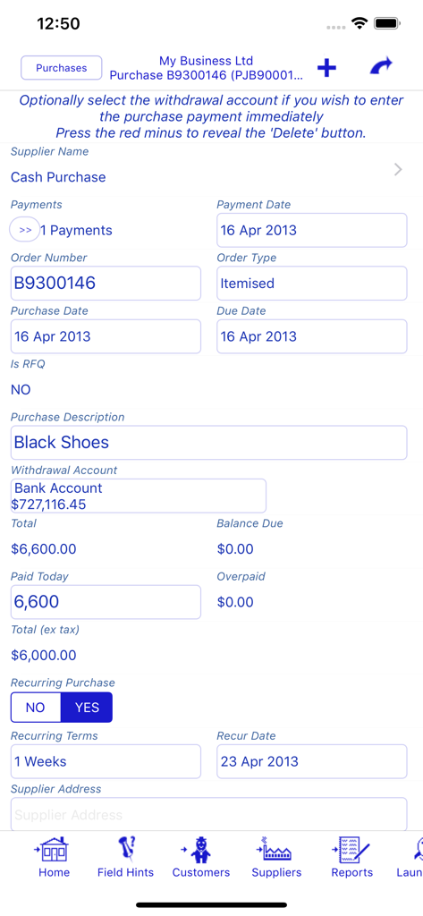Pantalla de entrada de compra en la aplicación Bookkeeping Pro que muestra una compra en efectivo de zapatos negros