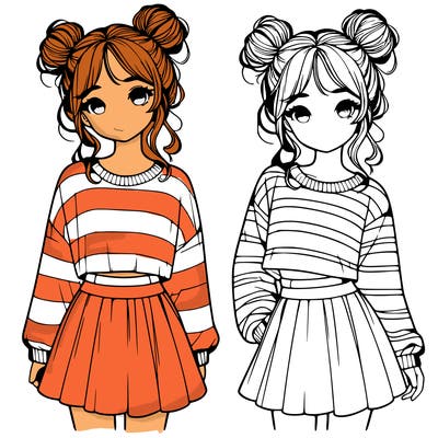 realistic girl with buns in her hair wearing a striped sweater and a skirt