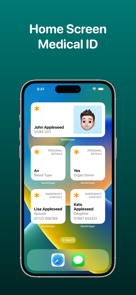 iPhone home screen displaying MediWidget medical ID widgets with personal health details and emergency contacts