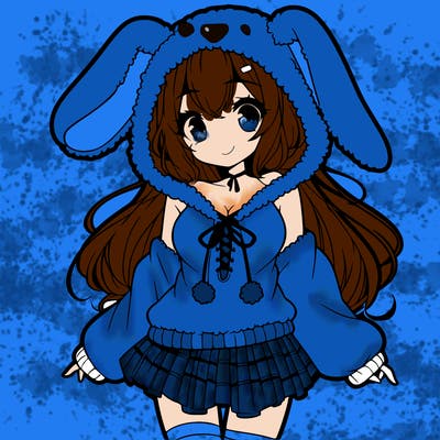 pretty anime girl wearing a fluffy hoodie with bunny ears on the hood and a skirt