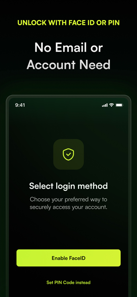 Encamera Encrypted Photo Vault - Pantalla de la aplicación Encamera que muestra opciones de inicio de sesión Face ID y código PIN sin necesidad de cuenta