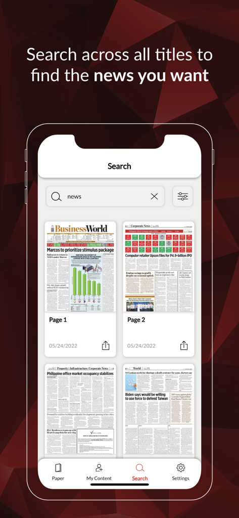 BusinessWorld Philippines - A search interface within the BusinessWorld Philippines app showing digital newspaper page results for a news query.