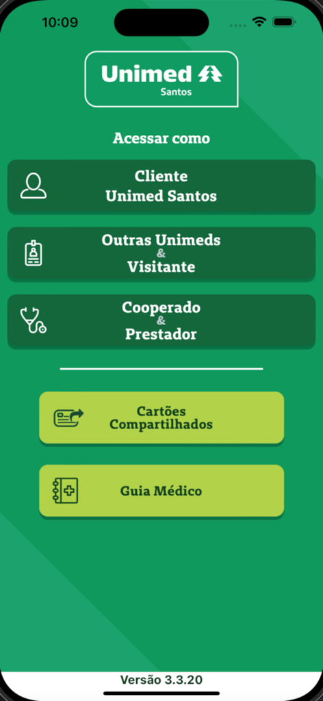 Unimed Santos - Pantalla de inicio de la aplicación móvil Unimed Santos con opciones de inicio de sesión para clientes y un botón de guía médica.