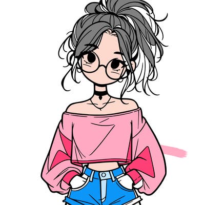 girl with a messy ponytail glasses a baggy crop top and jean shorts