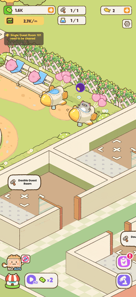 Management view of My Purrfect Cat Hotel showing garden and room customization