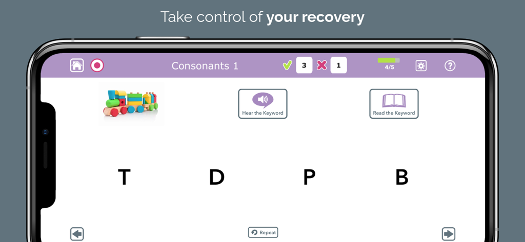 Interface de l'application Advanced Language Therapy Lite montrant un exercice d'identification de consonnes avec les lettres T, D, P et B.