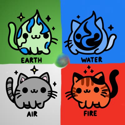 4 cats that represent the different elements, earth, water, air, and fire