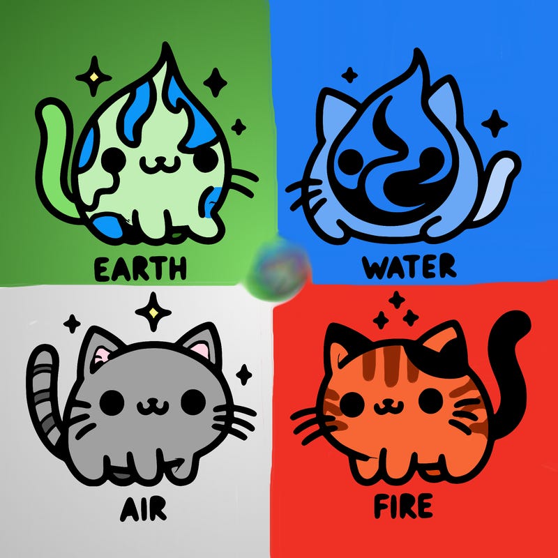 4 cats that represent the different elements, earth, water, air, and fire