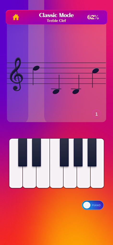 Note Trainer - Note Trainer app interface showing Classic Mode with musical notes on a treble clef and a virtual piano keyboard.