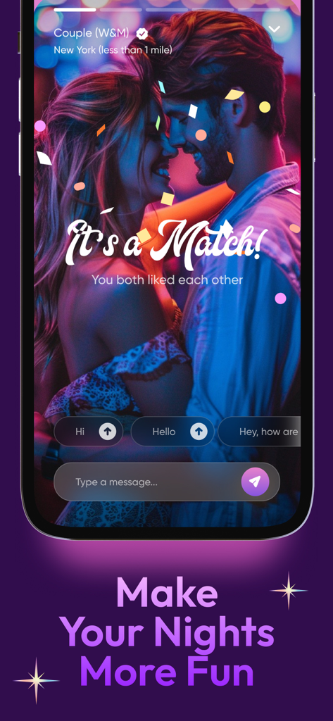 Match screen on Kasual dating app showing a mutual match for a couple in New York with a chat interface