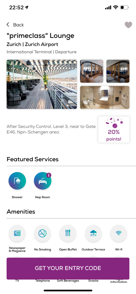 LoungeMe app interface showing amenities and photos for the primeclass lounge at Zurich Airport