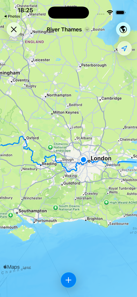 Karte der Themse-Schifffahrtsroute in der UK Waterways Map App
