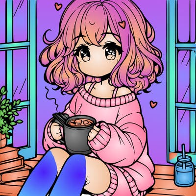 cute anime girl reading book and drinking hot chocolate from mug with loose wavy hair wearing a baggy sweatshirt and shorts sitting by windowsill looking out