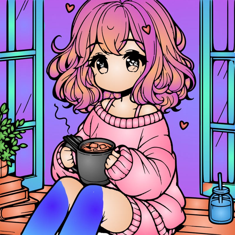 cute anime girl reading book and drinking hot chocolate from mug with loose wavy hair wearing a baggy sweatshirt and shorts sitting by windowsill looking out