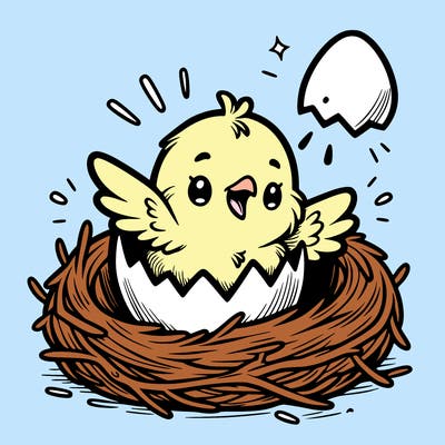 a baby chick hatching from an egg in a nest