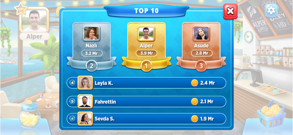 101 Okey Online HD Yüzbir - Top 10 player leaderboard screen in the 101 Okey Online HD mobile game showing player rankings and scores