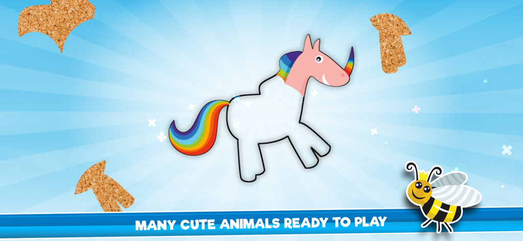 A colorful animal jigsaw puzzle for kids with a rainbow tail and a cute cartoon bee.