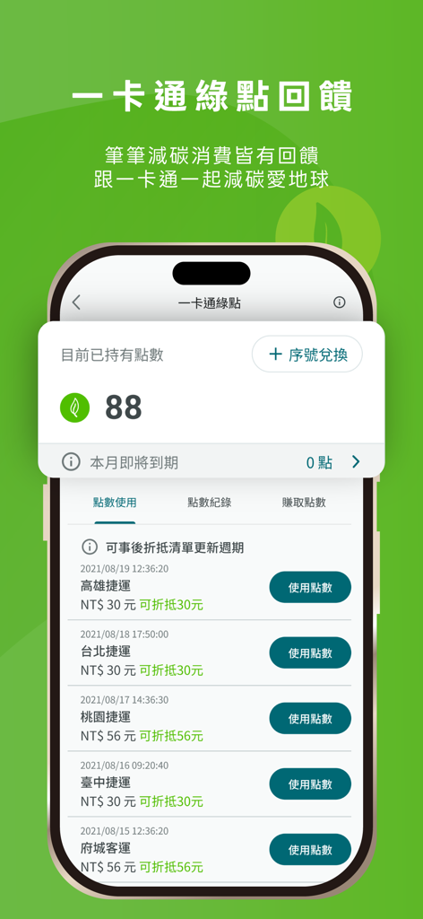 Schermata dell'app iPASS MONEY che mostra i Punti Verdi guadagnati dall'utilizzo dei trasporti pubblici a Taiwan.