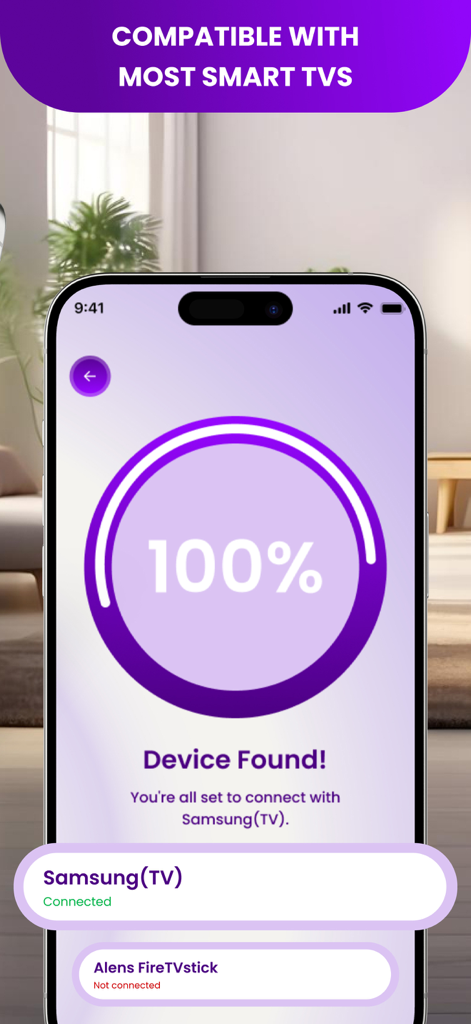 Screen Mirroring • Smart TV - iPhone app interface showing successful device discovery and connection to a Samsung Smart TV