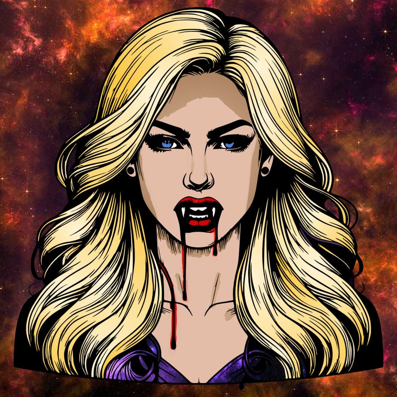 realistic vampire woman with bleeding fangs